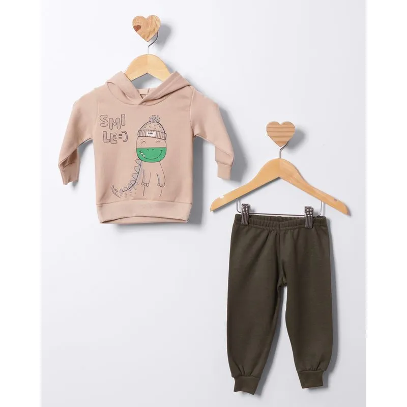Conjunto Moletom Bebê Estampa Dinossauro Com Capuz Bege P
