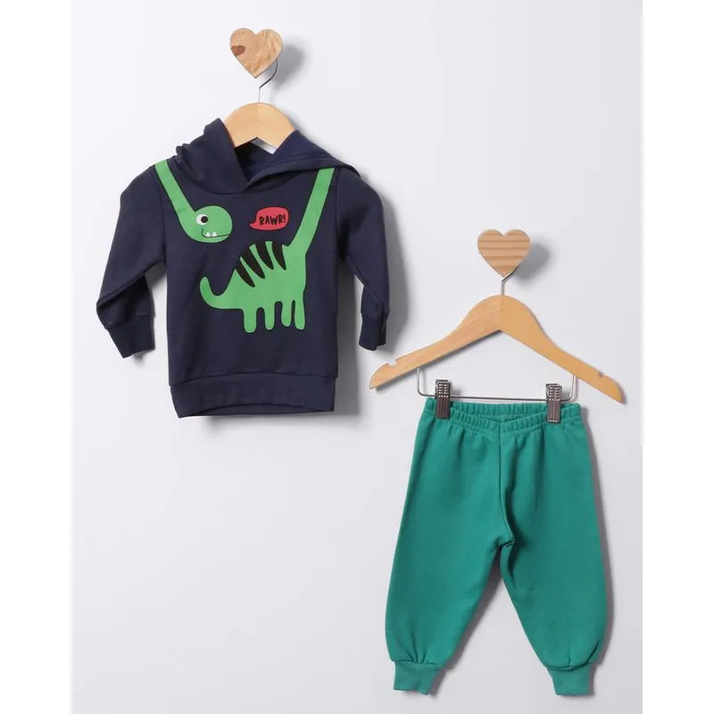 Conjunto Moletom Bebê Estampa Dinossauro Com Capuz Marinho P