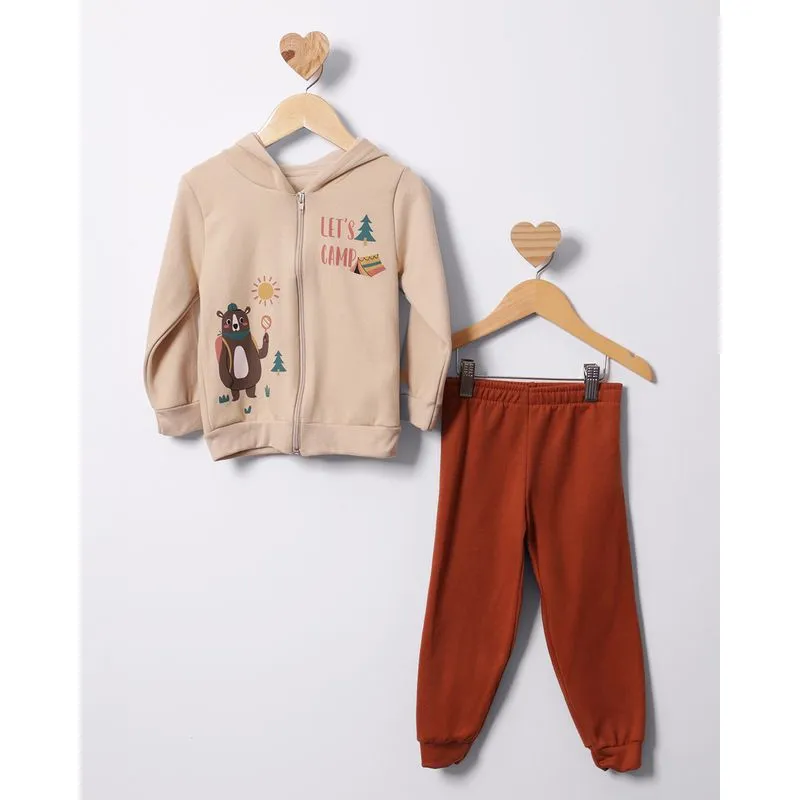 Conjunto Moletom Bebê Capuz Com Estampa Frontal Bege 2