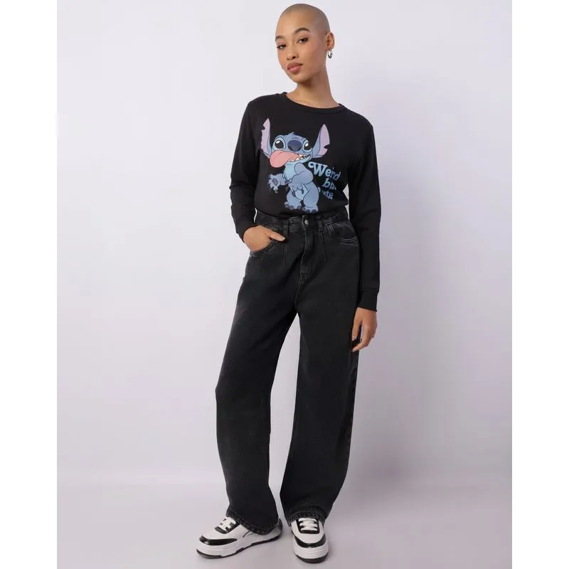 Calça Jeans Feminina Wide Leg Com Bolsos Pregas Preta 44