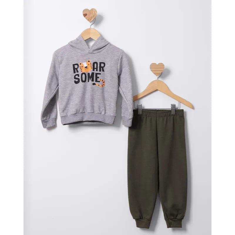 Conjunto Moletom Bebê Com Capuz Estampa Tigre Cinza 3