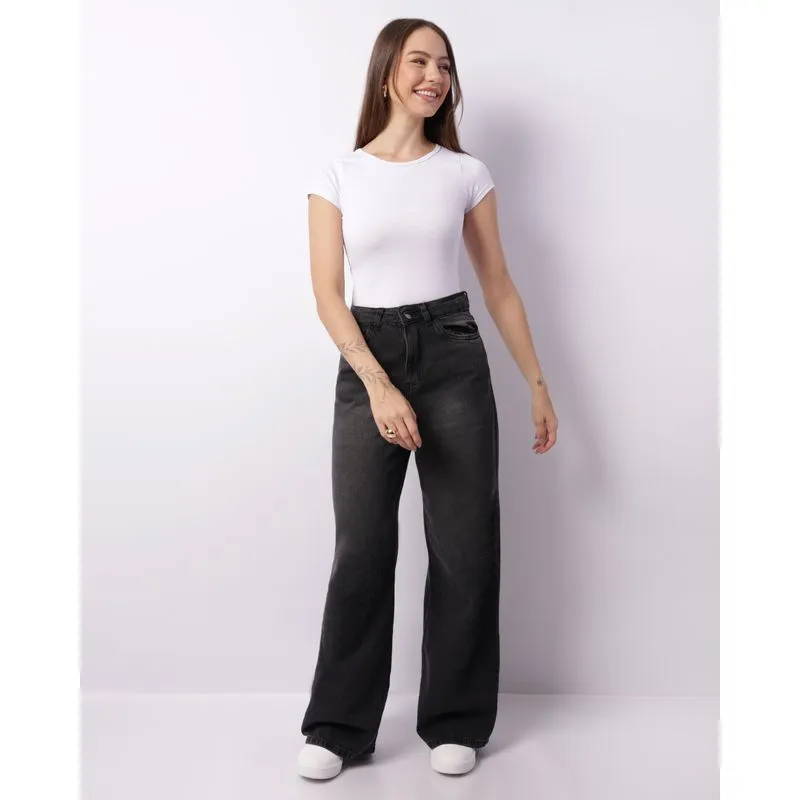 Calça Jeans Feminina Wide Leg Com Bolsos Preta 34
