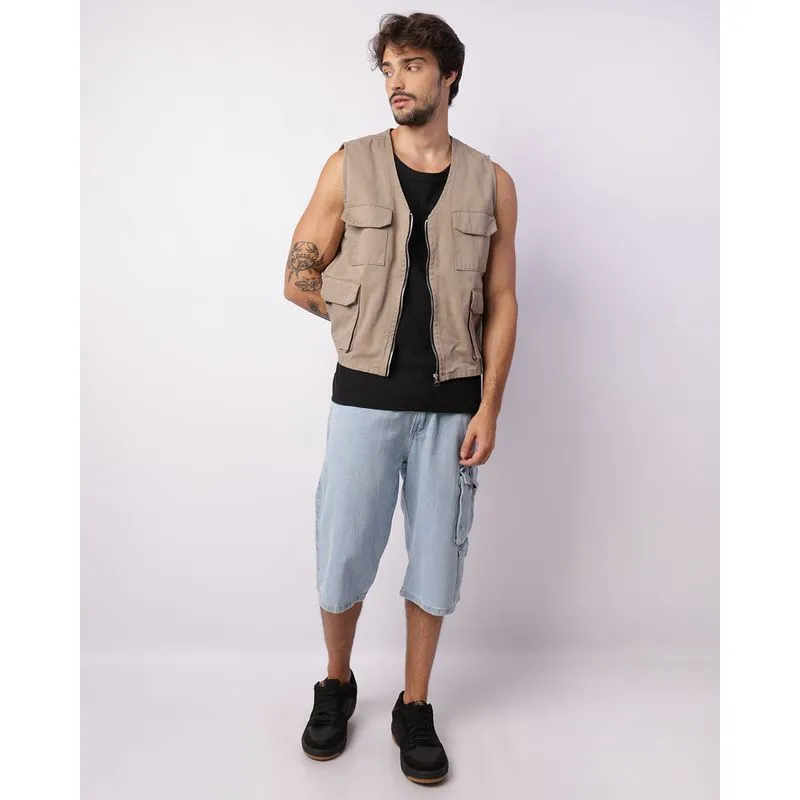 Bermuda Jeans Masculina Reta Bolso Cargo Azul 48