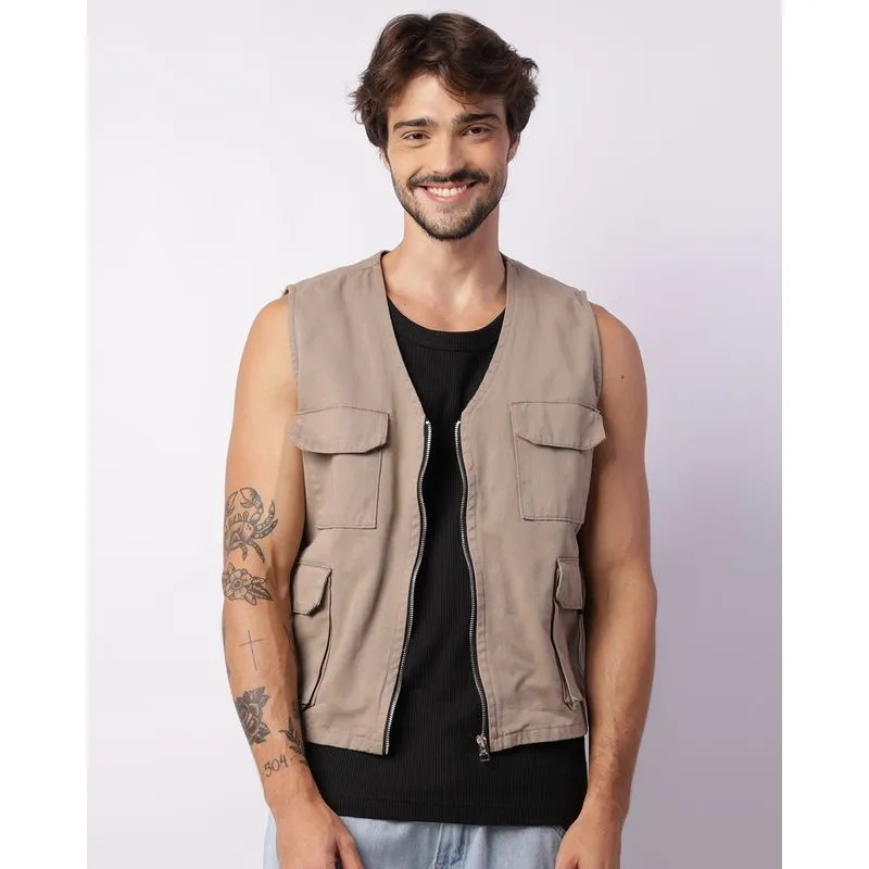 Colete Masculino Sarja Com Zíper Bolsos Bege G