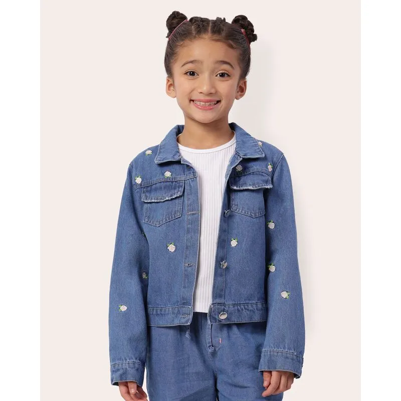 Jaqueta Jeans Infantil com Bordado Flores Bolsos Azul 6