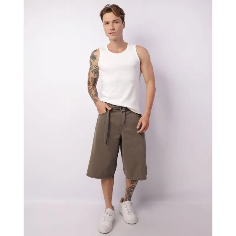 Bermuda Masculina Sarja Cinto Com Argolas Verde 46