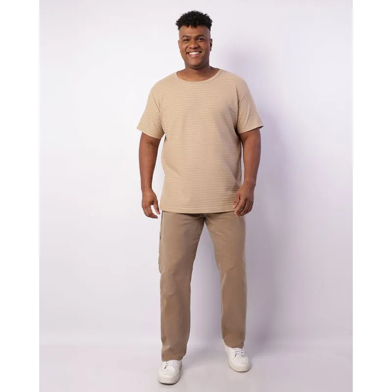 Calça Plus Size Masculina Sarja Reta Com Bolsos Bege 56