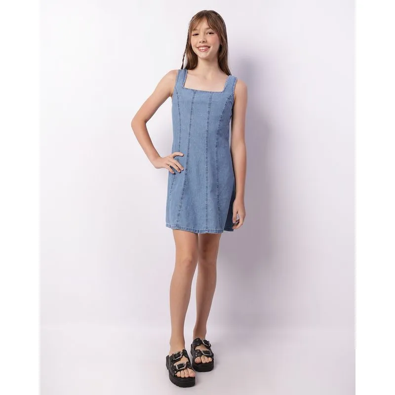 Vestido Jeans Juvenil Curto Com Recortes Azul 16