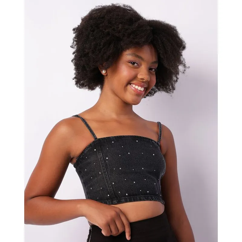 Regata Jeans Juvenil Cropped Aplicação Strass Preta 16