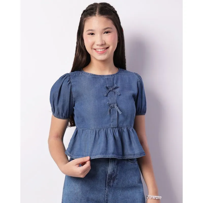 Blusa Juvenil Cropped Liocel Manga Curta Bufante Com Badado Laços Azul 12