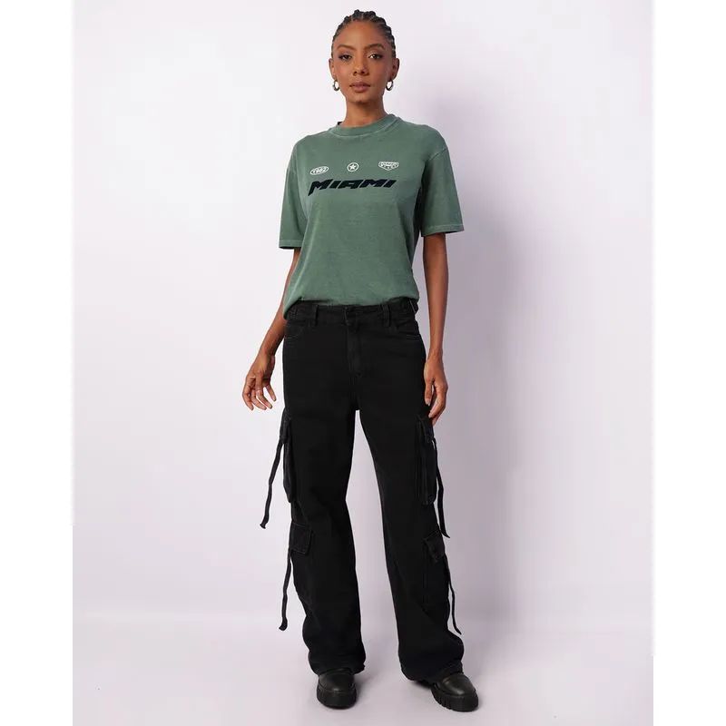Calça Jeans Feminina Reta Com Bolsos Cargo Preta 38