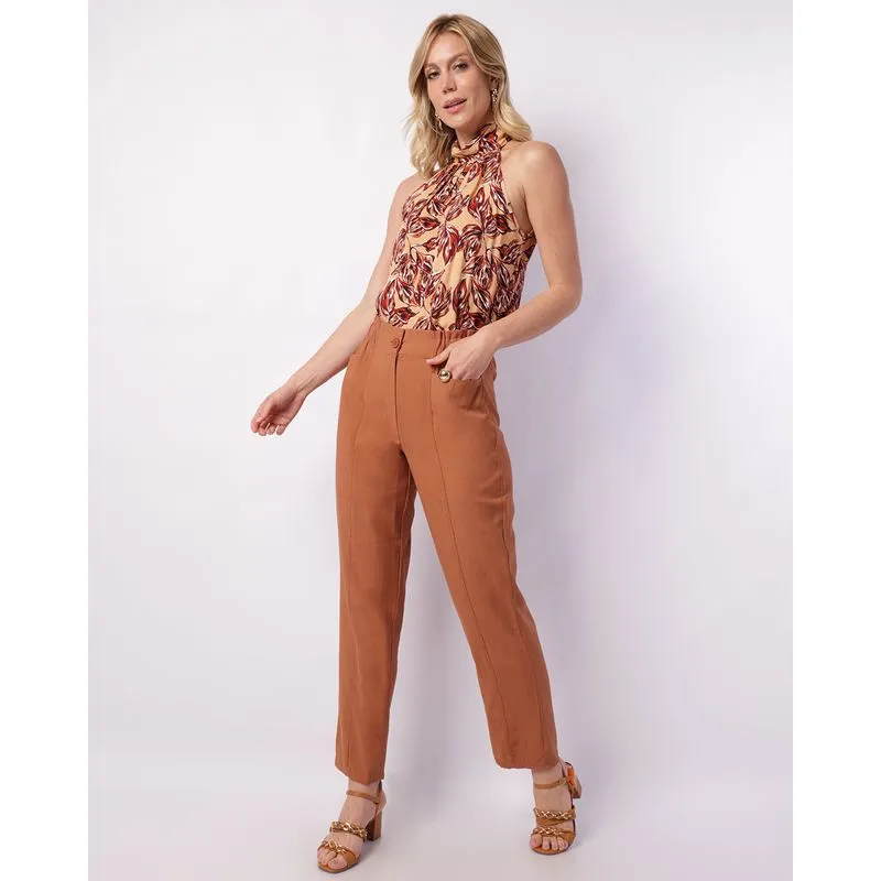 Calça Feminina Reta Berry & Co. Twill com Bolsos Bege GG