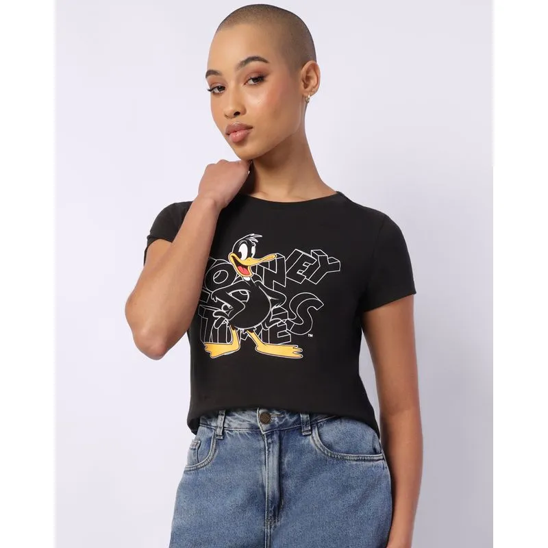 Camiseta Feminina Algodão Looney Tunes Patolino Manga Curta Preta M
