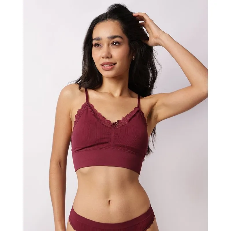 Sutiã Feminino Top Canelado Renda Com Bojo Vinho P