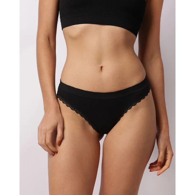 Calcinha Feminina Biquíni Canelada Com Renda Preta P