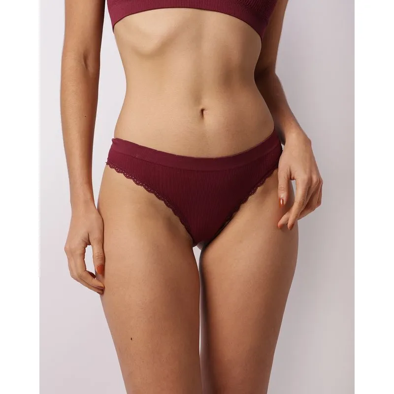 Calcinha Feminina Biquíni Canelada Com Renda Vinho G