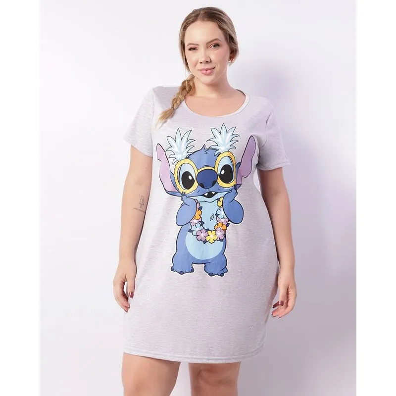Camisola Plus Size Feminina Manga Curta Disney Stitch Cinza 52