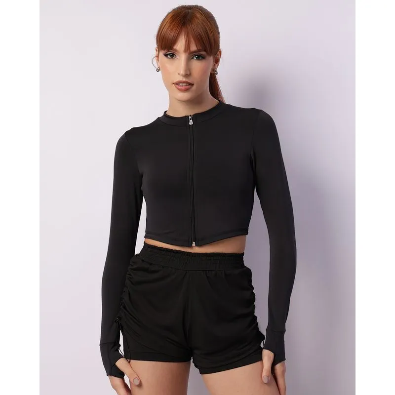 Jaqueta Fitness Feminina Fitter Cropped Manga Longa Preta M