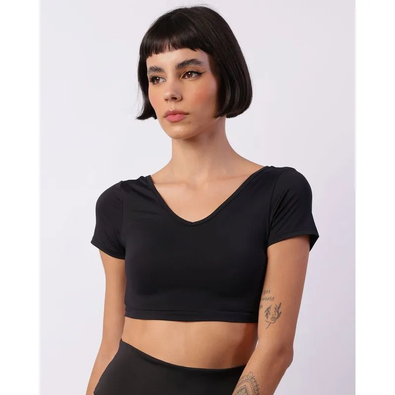Blusa Fitness Feminina Fitter Cropped Suplex Decote V Preta G