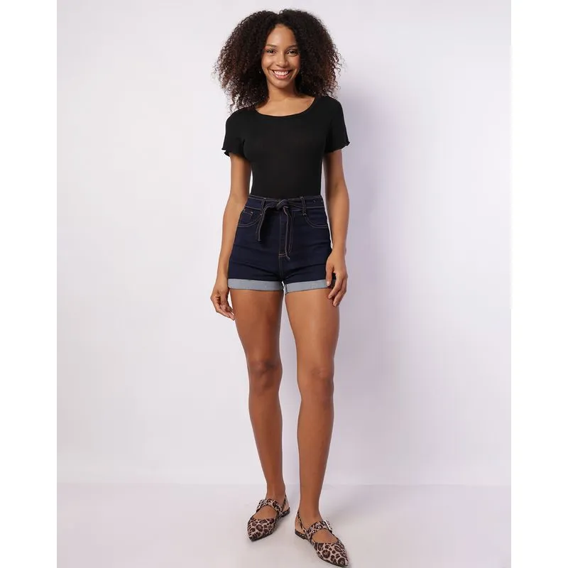 Short Jeans Feminino Curto Vizzy com Barra Dobrada Cinto Azul 38
