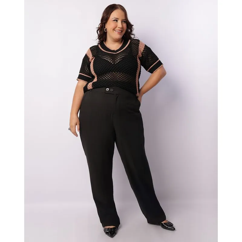 Calça Plus Size Feminina Reta Com Bolso Preta G1