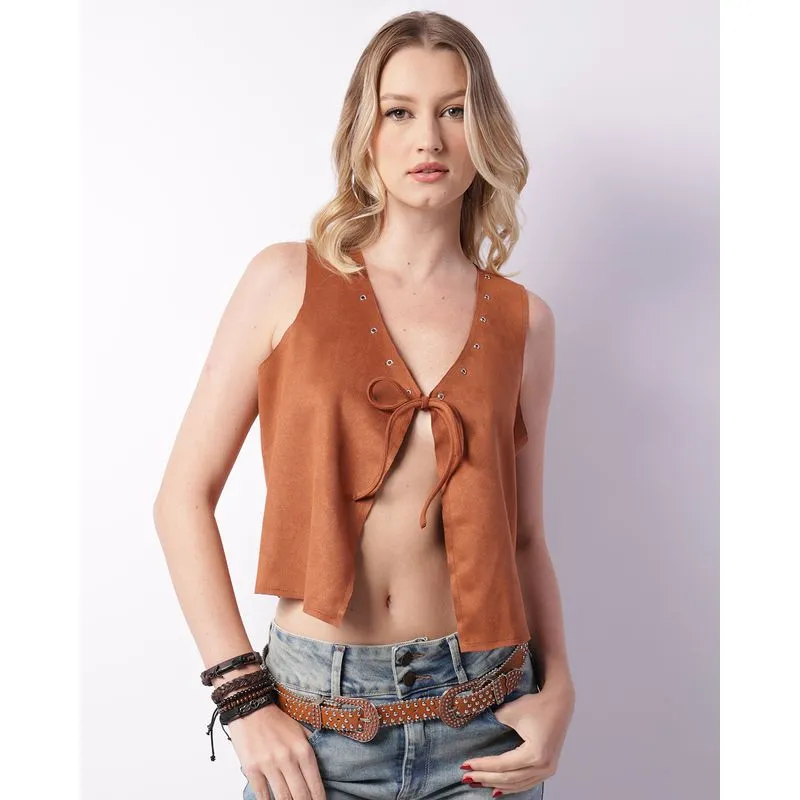 Colete Feminino Suede Com Cordão Marrom PP