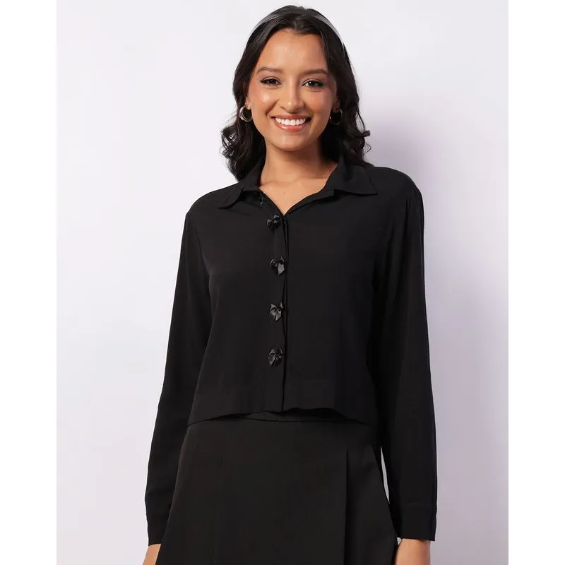 Camisa Feminina Manga Longa Laços Preta P