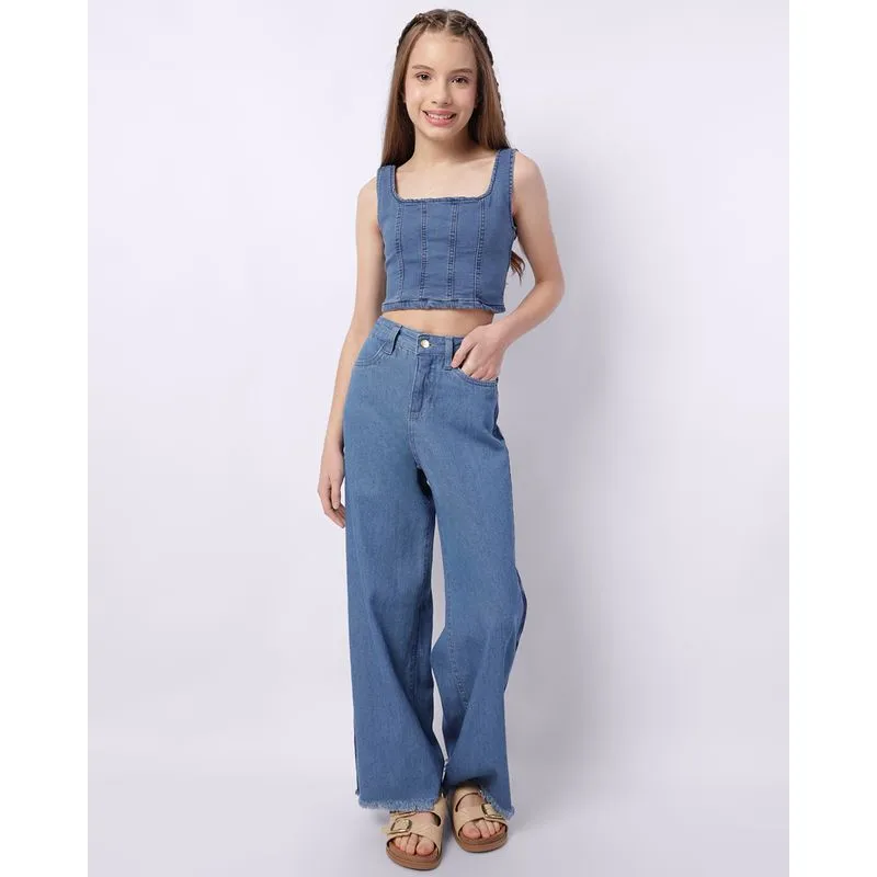 Calça Jeans Juvenil Wide Leg com Estampa Coração Azul 10