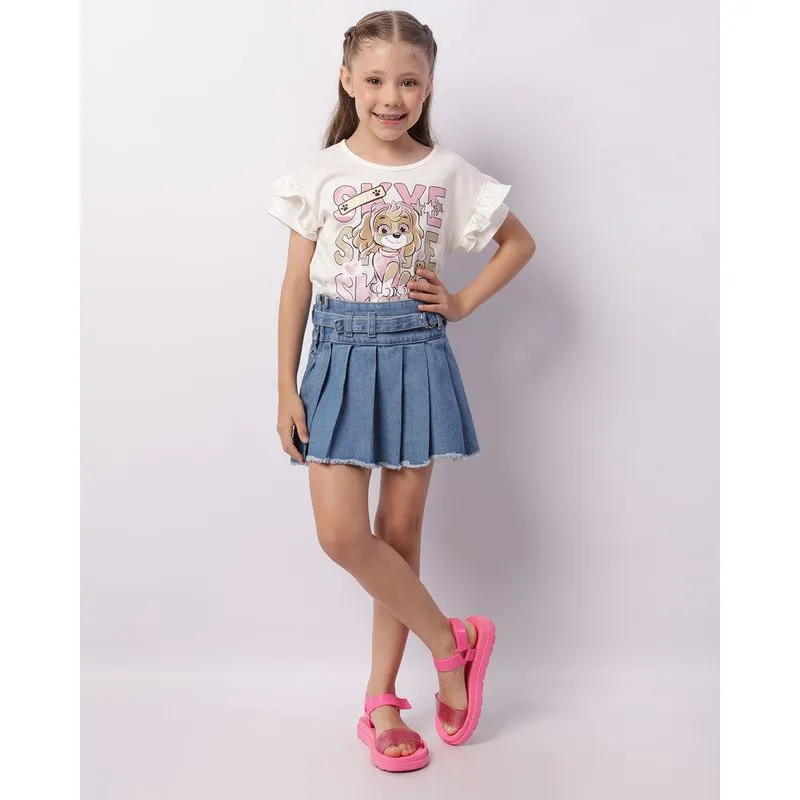 Saia Jeans Infantil Curta Com Pregas E Cinto Azul 6
