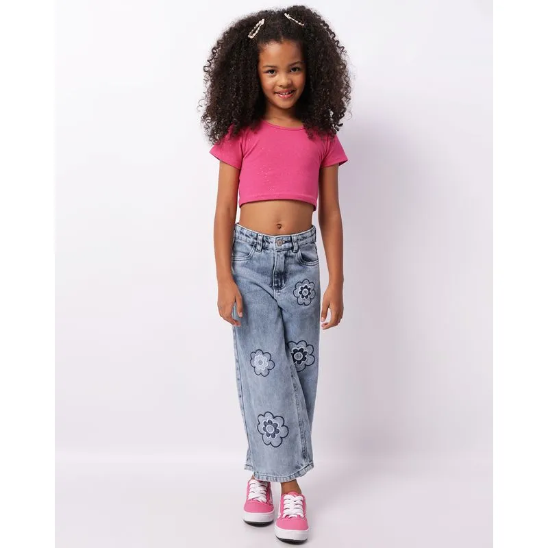 Calça Jeans Infantil Wide Leg Bordado Flores Azul 4