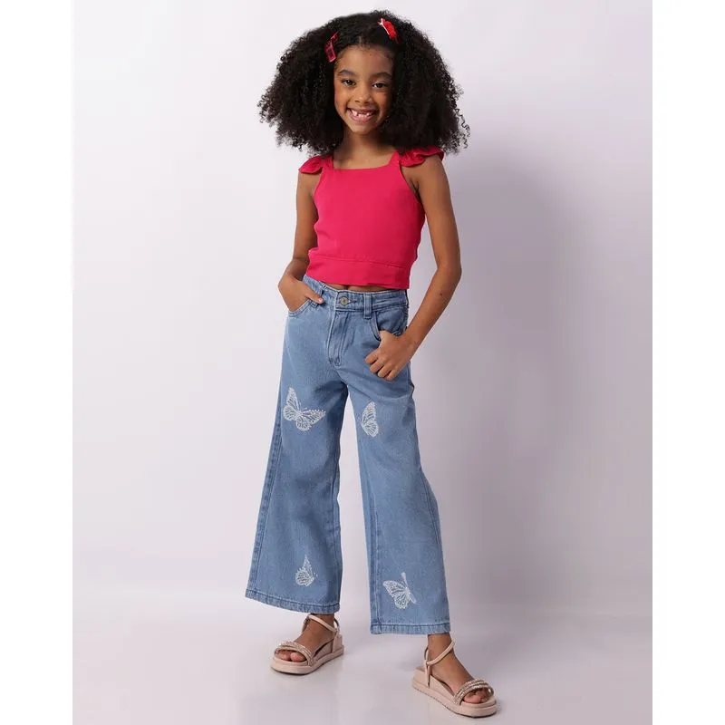 Calça Jeans Infantil Wide Leg Estampa Borboletas Azul 8