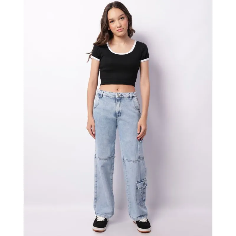 Calça Jeans Juvenil Wide Leg Com Bolsos Cargo Recortes Azul 14