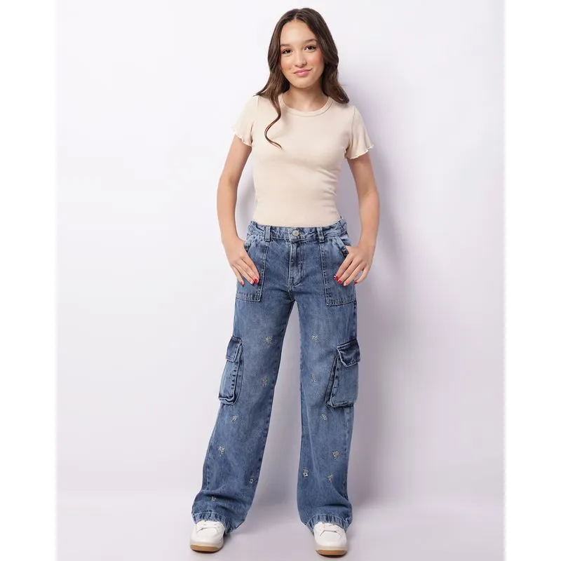 Calça Jeans Juvenil Wide Leg Com Bolsos Cargo Bordado Azul 12