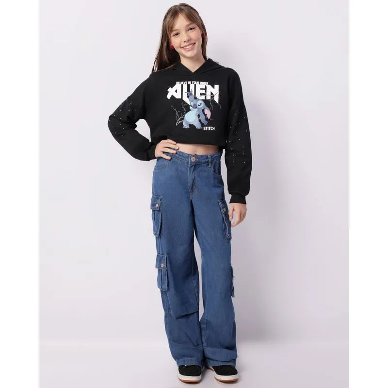 Calça Jeans Juvenil Cargo Com Botões Azul 16
