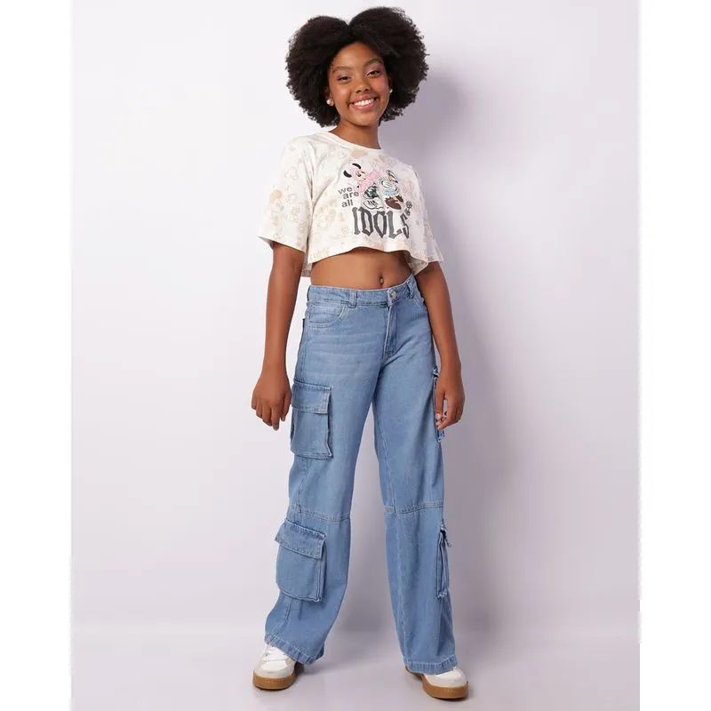 Calça Jeans Juvenil Wide Leg Com Bolsos Cargo Recortes Azul 16