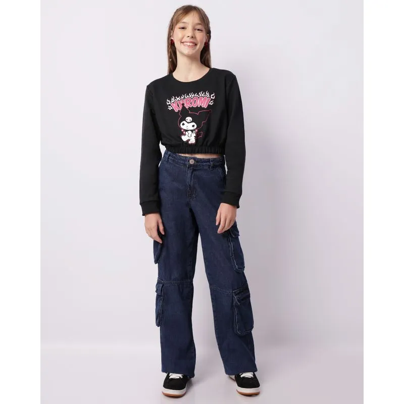 Calça Jeans Juvenil Reta Com Bolsos Cargo Recortes Azul 10