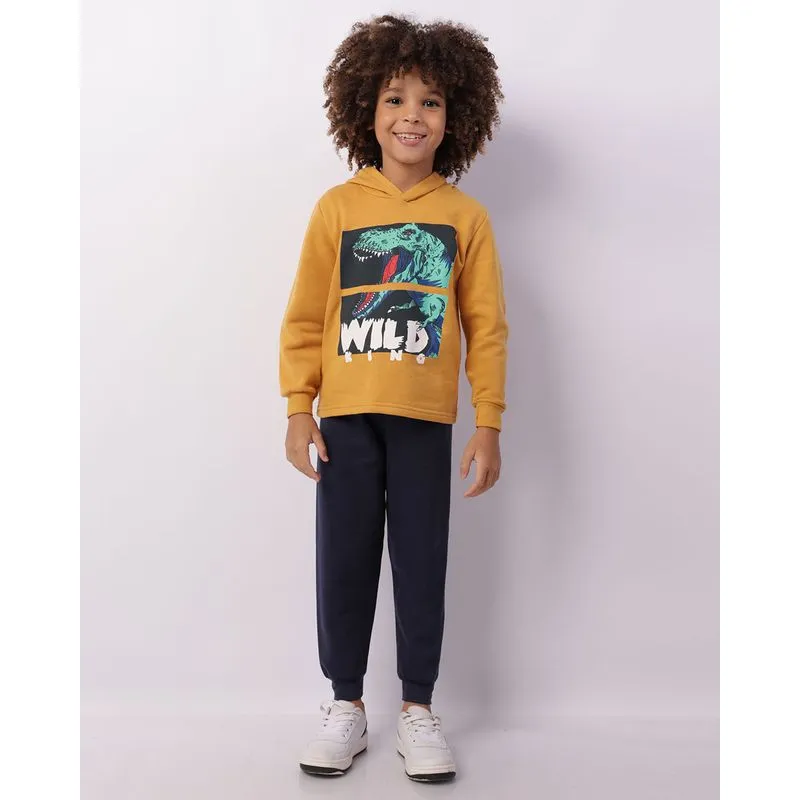 Conjunto Moletom Infantil Estampa Dinossauro Com Capuz Mostarda 8