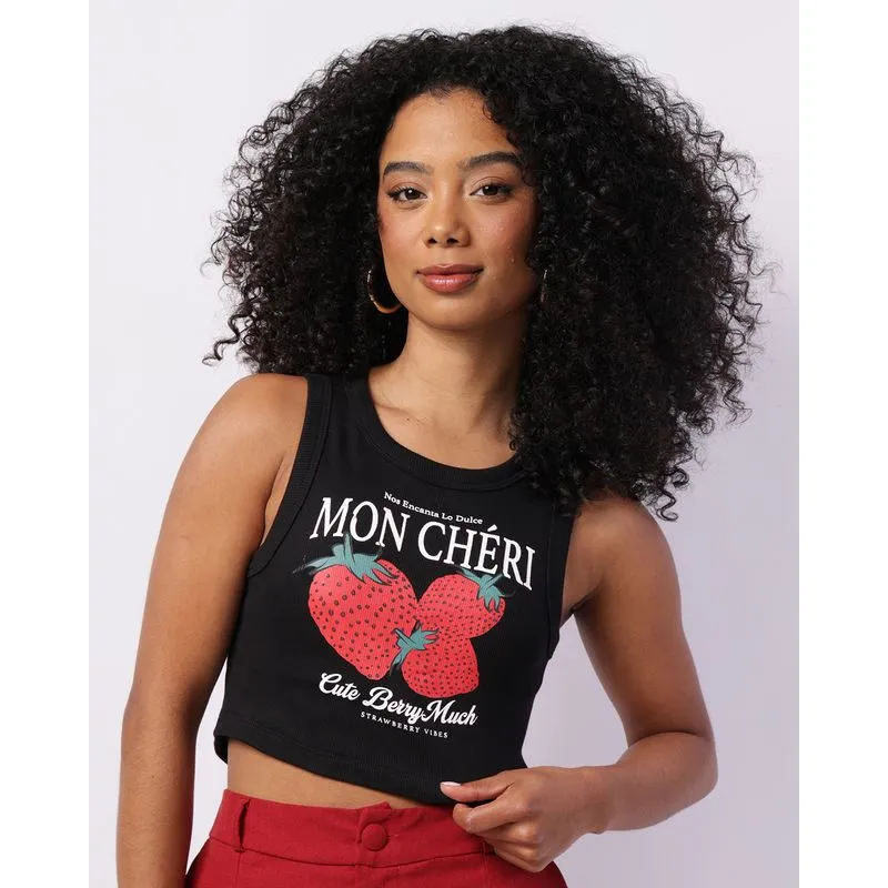 Regata Feminina Cropped Canelada Estampa Morangos Preta P