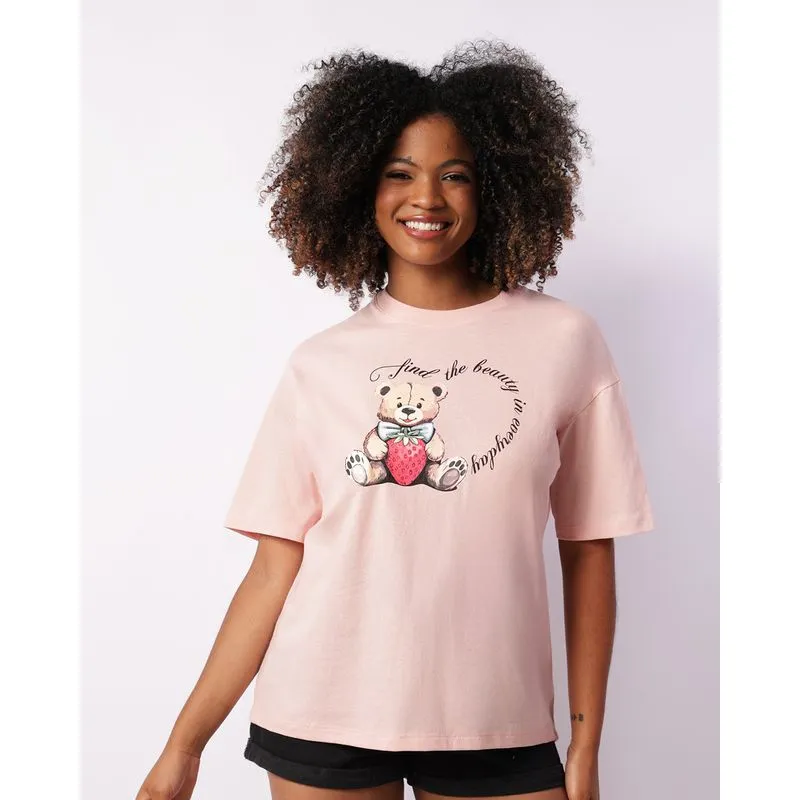 Camiseta Feminina Estampa Urso Manga Curta Rosa P