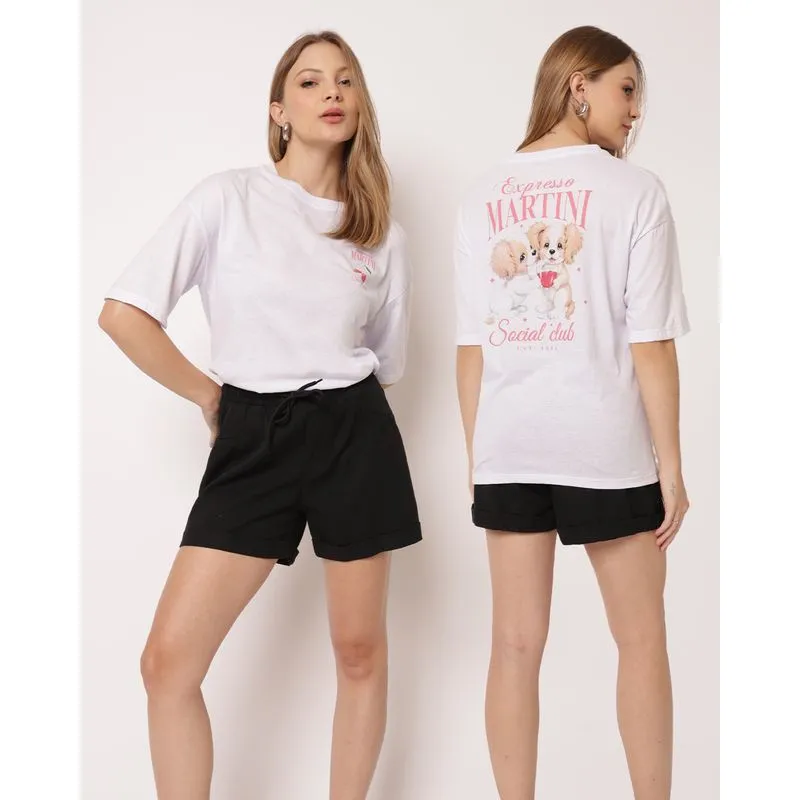 Camiseta Feminina Estampa Cachorro Manga Curta Branca PP