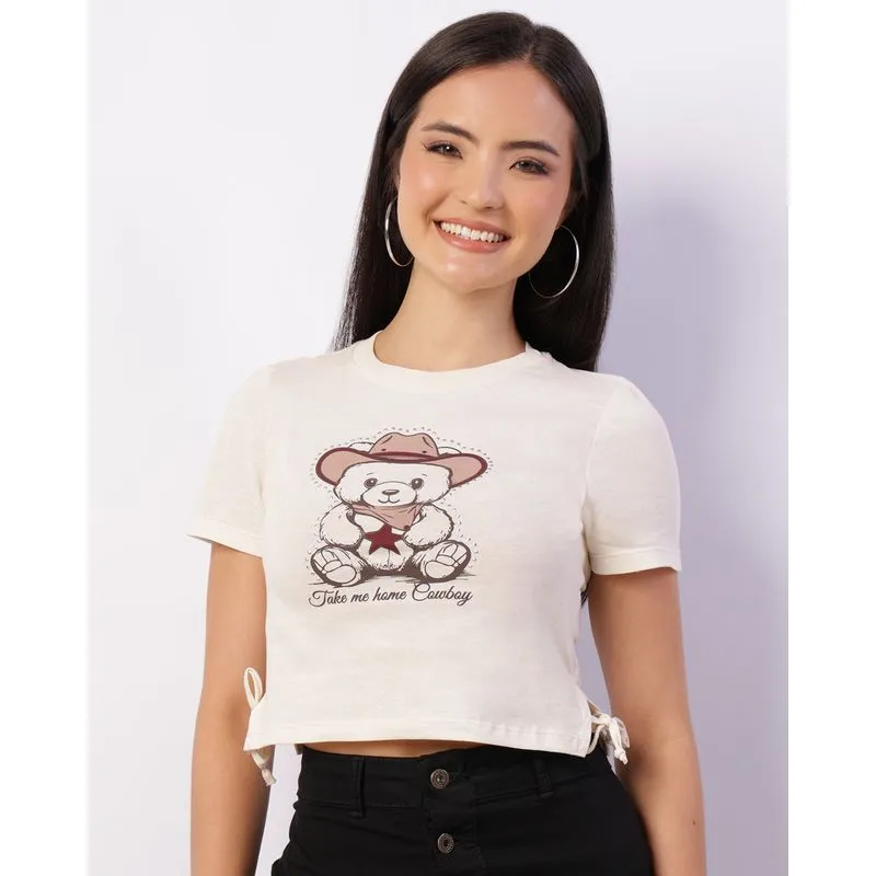 Blusa Cropped Feminina Manga Curta Com Colissê Urso Off White G