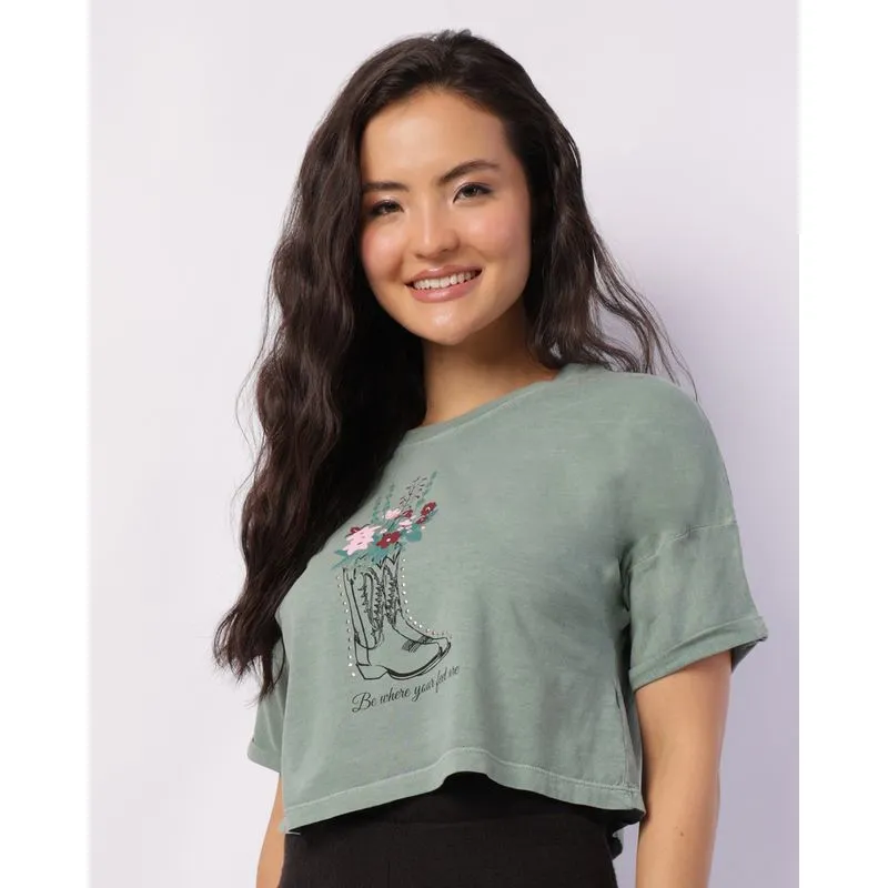 Camiseta Feminina Cropped Manga Curta Estampa Verde M