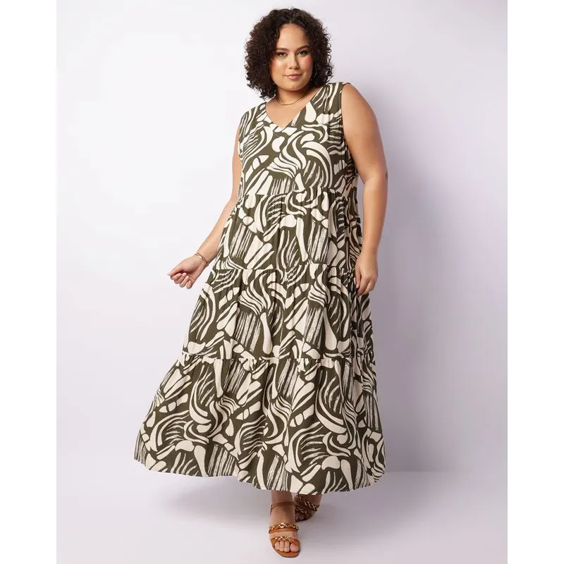Vestido Plus Size Feminino Longo Berry & Co. Três Marias Estampado Verde G3
