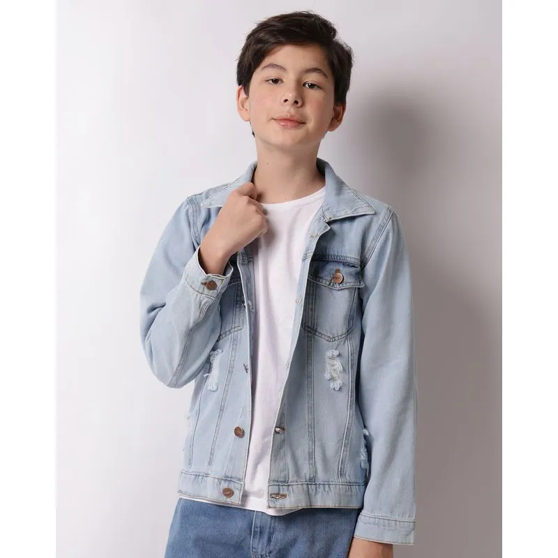 Jaqueta Jeans Juvenil Destroyed Com Botões Azul 16