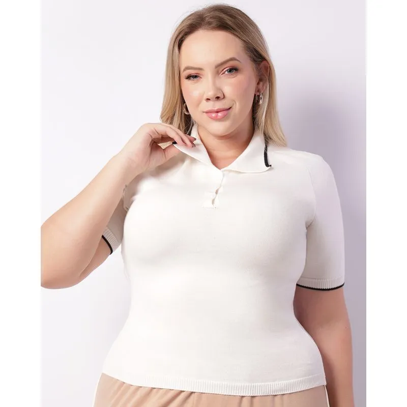 Blusa Plus Size Feminina Polo Tricô Manga Curta Off White G1