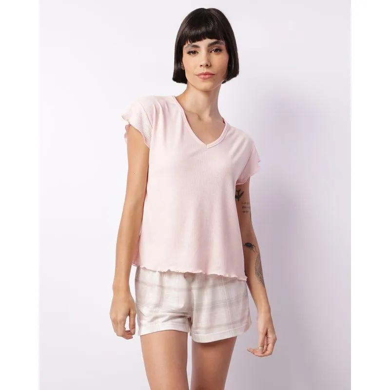 Pijama Feminino Curto Canelado Rosa M