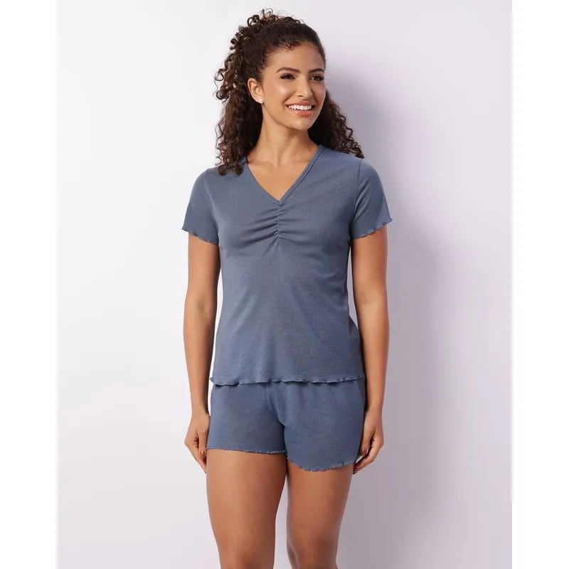 Pijama Feminino Curto Texturizado Franzido Azul GG