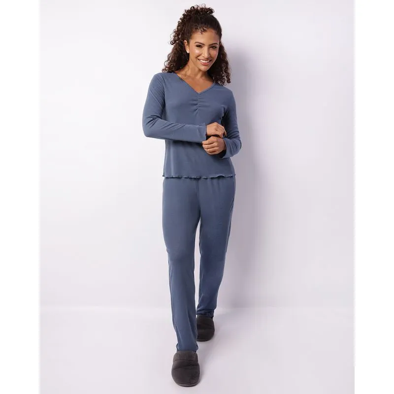 Pijama Feminino Longo Texturizado Franzido Azul GG