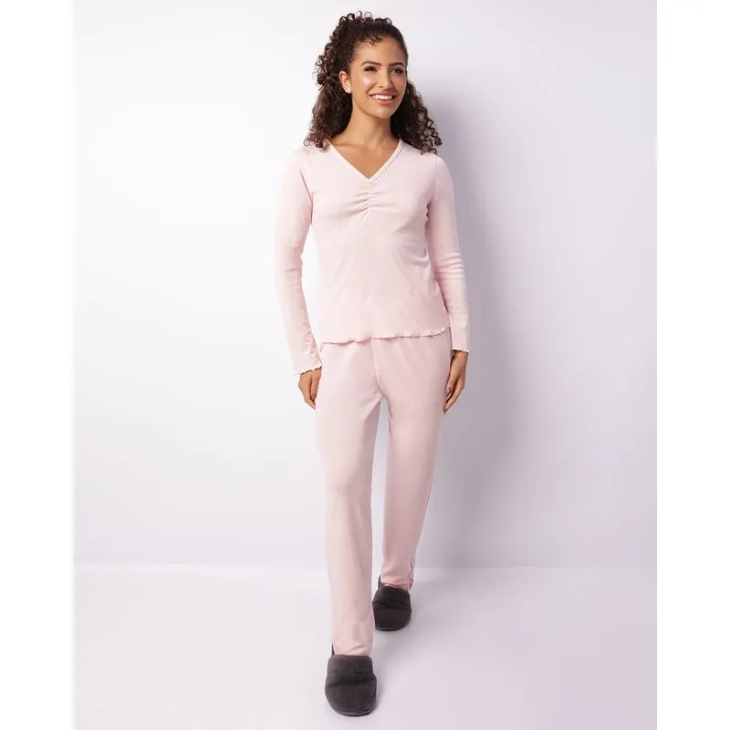 Pijama Feminino Longo Texturizado Franzido Rosa P
