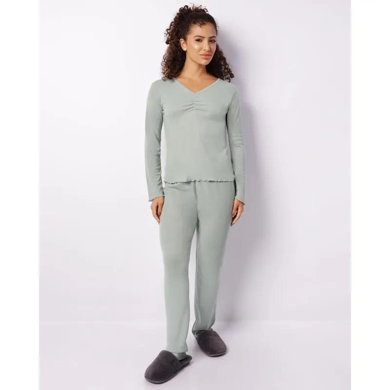 Pijama Feminino Longo Texturizado Franzido Verde M
